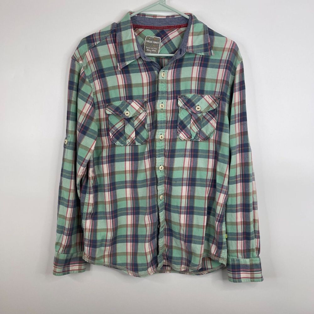 True Grit Womens Plaid Top Size M Button Down‎ Long Sleeve Blue Teal *Read